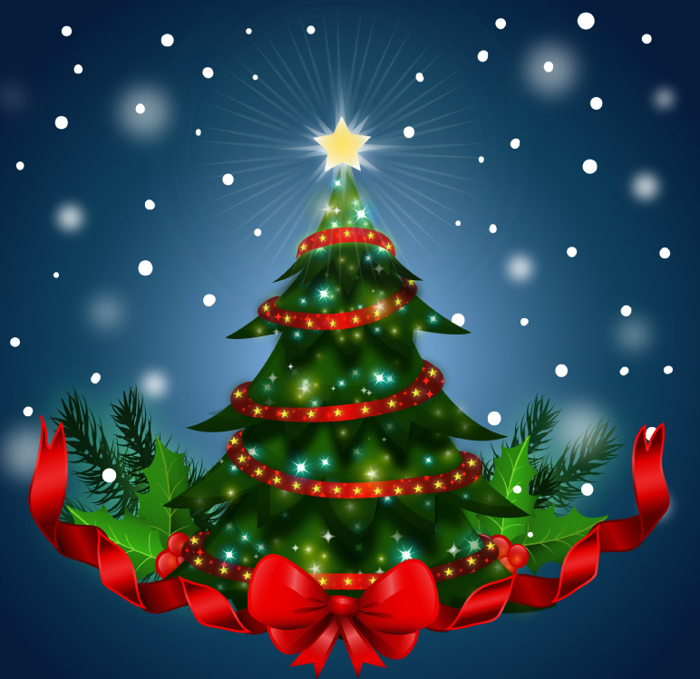 Beautiful Christmas tree with red ribbon vector material
