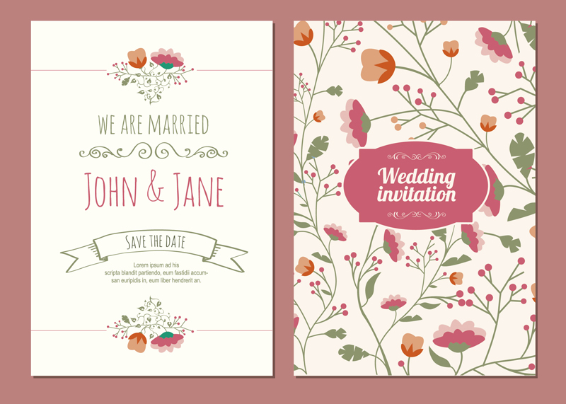 Cartoon flowers wedding invitations vector material