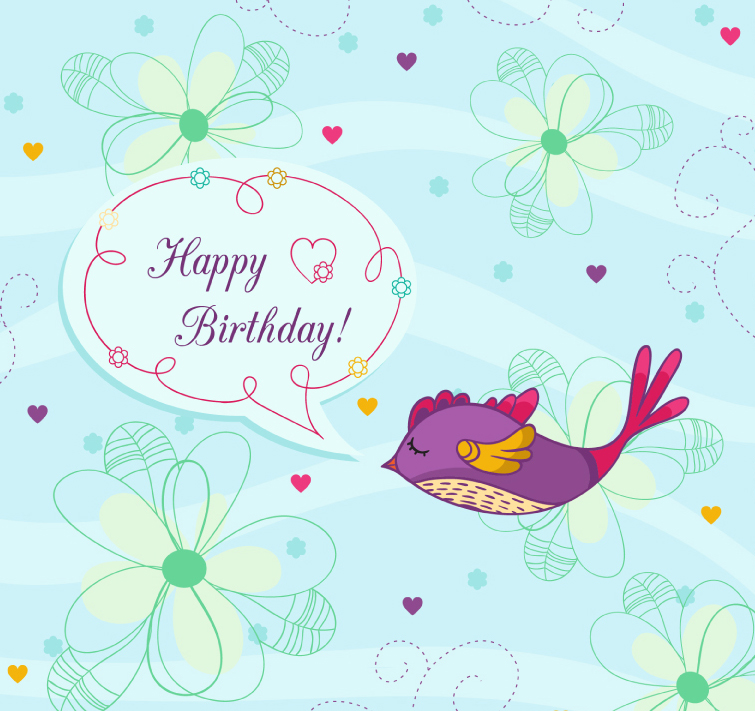 Painted flowers and birds birthday card vector material
