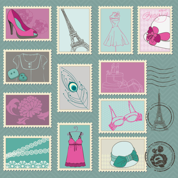 Cartoon illustration of stamps 03-- vector material