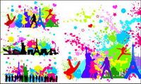 Trend figures dot the city silhouette vector material