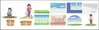 Cartoon characters and scenery material vector
