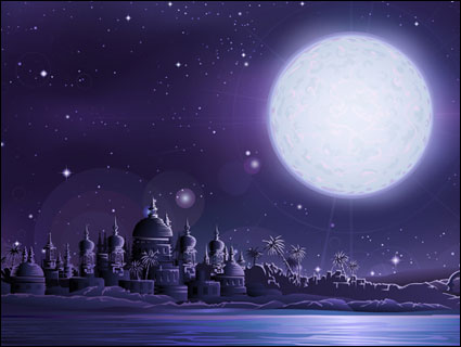 Ancient city under full moon vector material